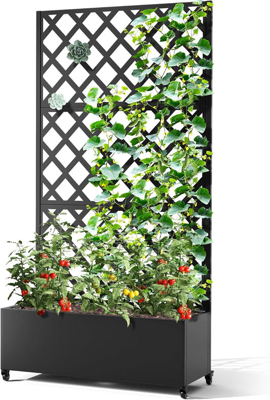 Metal Planter Box with Trellis & Wheels, Raised Garden Bed with Privacy Screen, Outdoor Standing Flower Beds with Drainage Hole for Climbing Plants, Vine, 35.4" L x 15.7" W x 70.9" H, Black