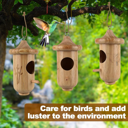 Hummingbird House for Outside Hanging, Wooden Hummingbird Gifts Nest 3 Pack with Hemp Ropes, Gardening Gifts Humming Bird Houses Home Decoration