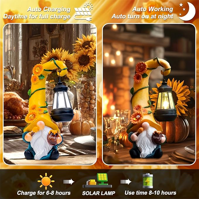 Thanksgiving Decorations for Home Porch 12" Solar Sunflower Gnome Garden Statues Honey Bee Jar Decor with LED Lantern Outdoor Gnomes Decorations Patio Yard Balcony Art Birthday Gifts for Mom Grandma
