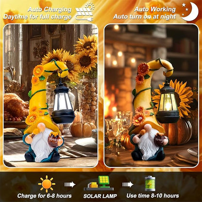 Thanksgiving Decorations for Home Porch 12" Solar Sunflower Gnome Garden Statues Honey Bee Jar Decor with LED Lantern Outdoor Gnomes Decorations Patio Yard Balcony Art Birthday Gifts for Mom Grandma