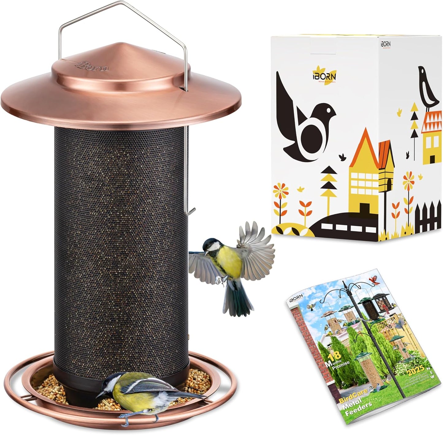 iBorn Bird Feeders for Outdoors, All Metal Mesh Tube, Holding Bird Seed for Outside Feeders,18cm Large Roof, Copper, 2.8lb(Seed is not Included)