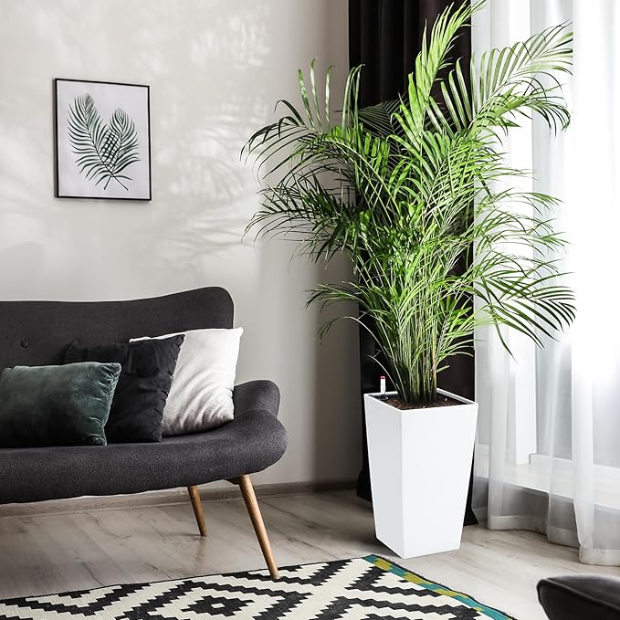 GarveeLife 16 in Tall Planters Set of 2, Outdoor＆Indoor Black Planter Pots, High Front Porch Planter Pots with Drainage Holes＆Water Level Monitor＆Inner Bucket, Automatic Watering,White