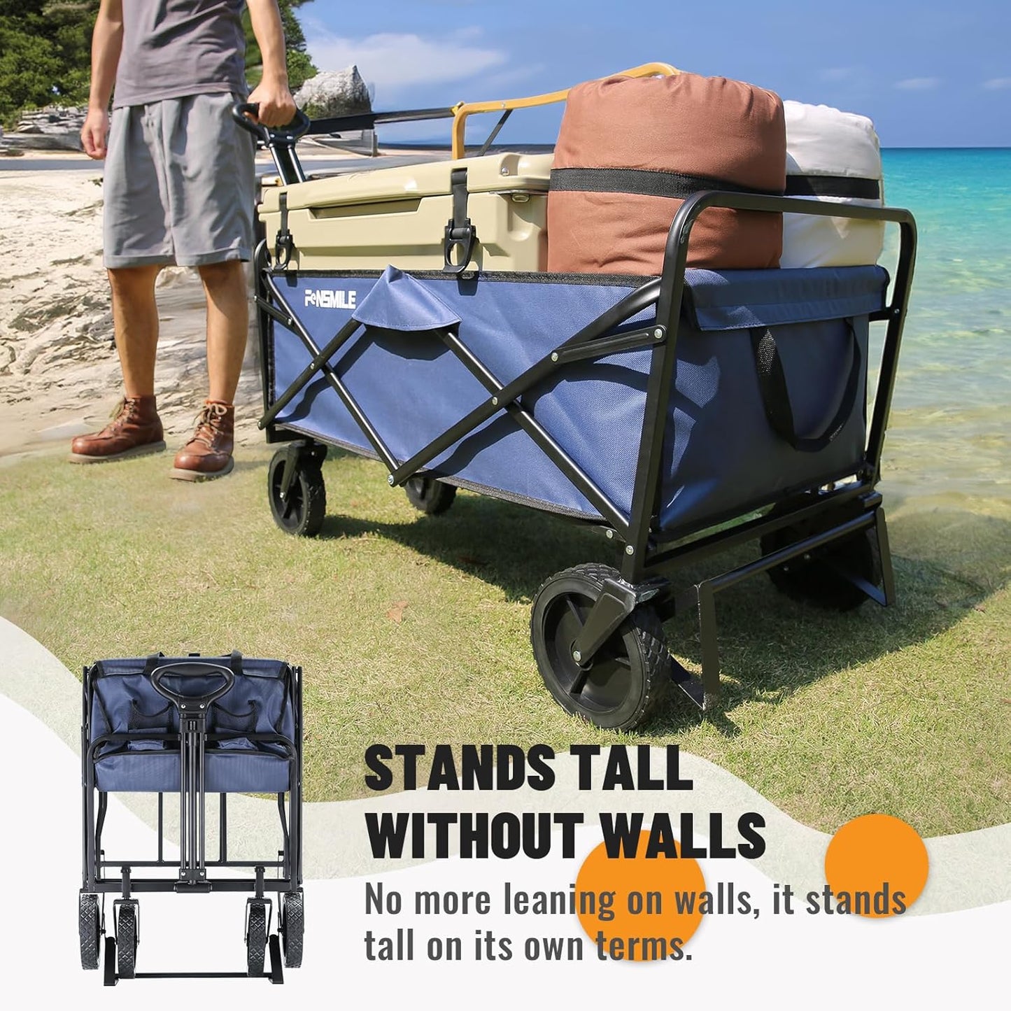 Collapsible Folding Wagon Cart, Heavy Duty 220Lbs Capacity Foldable Wagon, Outdoor Camping Grocery Portable Utility Cart, All Terrain Sports Beach Wagon