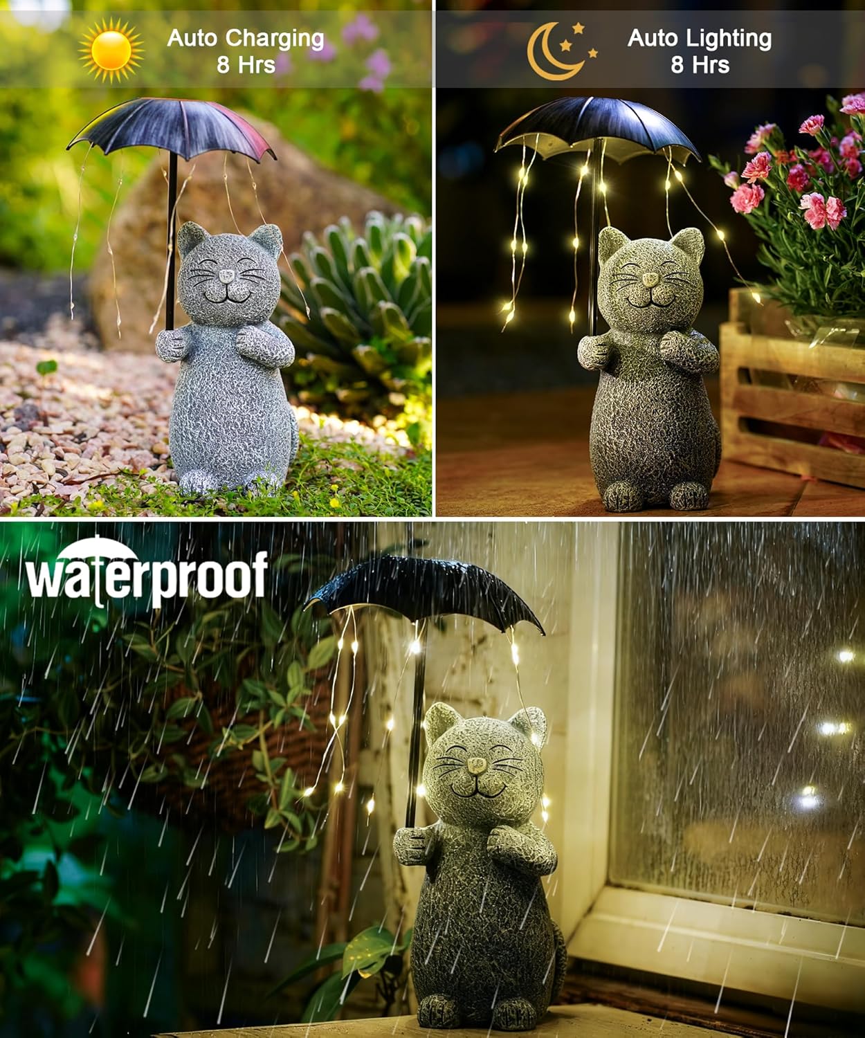 Nacome Solar Cat Garden Statues Outdoor Decor: Holding Umbrella with String Lights Patio Yard Lawn Outside Decorations - Birthday Gifts for Mom Grandma Women Sister(Grey)