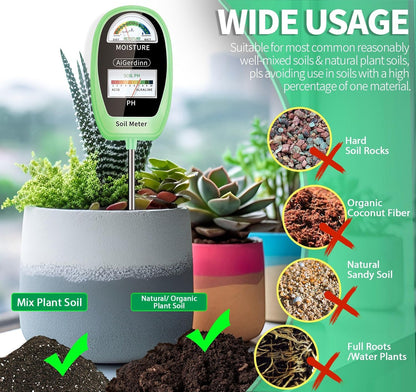 Soil Test Kit, 2-in-1 Soil Moisture Meter, Soil pH Meter -Dual Dial-Simultaneously-Display Results-Soil pH Tester, Moisture Meter for Garden,Lawn,Farm Indoor&Outdoor Plants-Teargreen