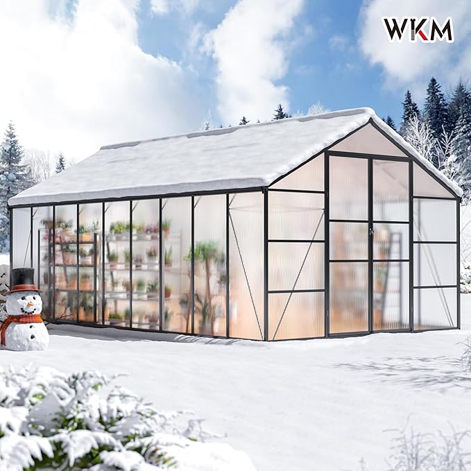 WKM 10x18 FT Greenhouse for Outdoors, Polycarbonate Greenhouse with Quick Setup Structure and Roof Vent, Enhanced Aluminum Green House for Garden Backyard, Black