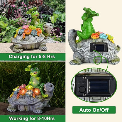 ILLUMINEW Solar Garden Outdoor Statues Turtle& Frog with Succulent and 8 LED Lights, Turtle Carrying Lotus Leaf Frog Figurines, Lawn Decorations for Patio Yard Gifts for Mom Grandma Housewarming