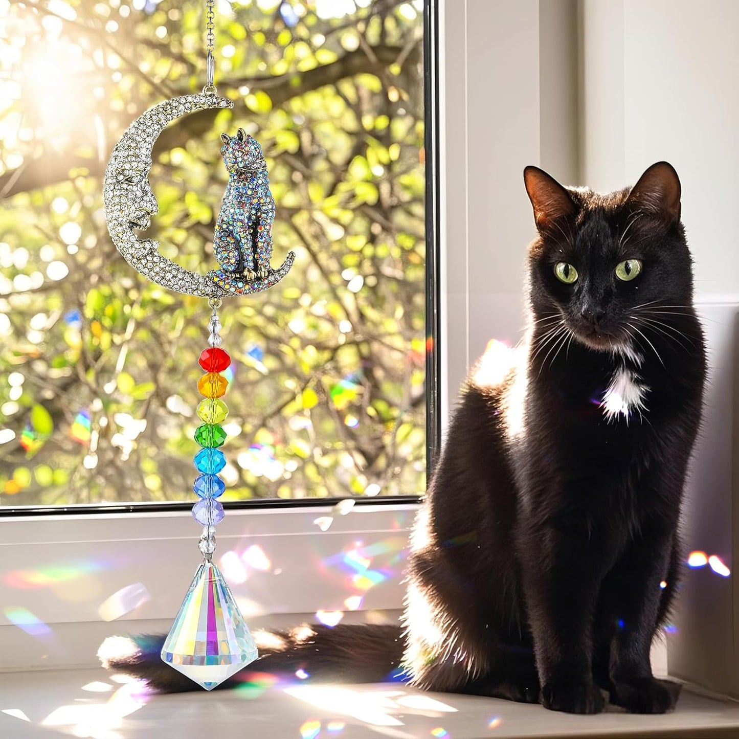 H&D HYALINE & DORA Crystal Suncatchers Moon Cat Sun Catchers Hanging Ornament with Chakra Beads Prism Pendant Pet Memorial Suncatcher Rainbow Maker for Home Indoor Outdoor Decor