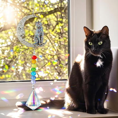 H&D HYALINE & DORA Crystal Suncatchers Moon Cat Sun Catchers Hanging Ornament with Chakra Beads Prism Pendant Pet Memorial Suncatcher Rainbow Maker for Home Indoor Outdoor Decor