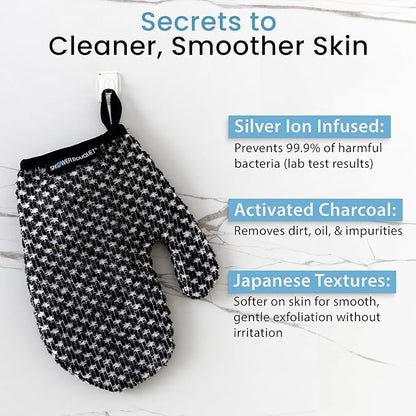 Japanese Exfoliating Mitt 2-Pack - Charcoal & Silver Ion Exfoliating Gloves for Shower - Soft Inner Fabric Gentle Exfoliation & Deep Cleansing Body Scrub Gloves for All Skin Types - 2 White
