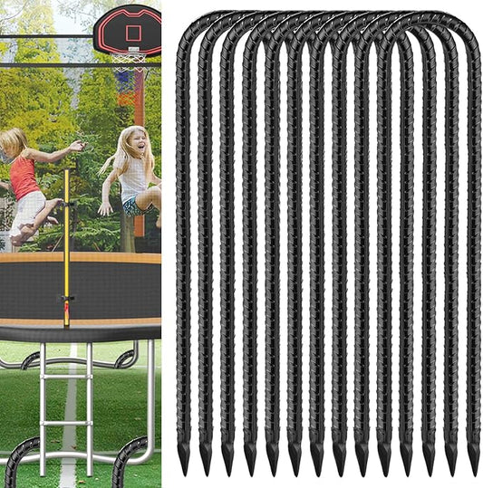 Black Trampoline Stakes Anchors High Wind 16inx10mm Galvanized U Hook 10pcs Rebar Stakes – Heavy Duty Ground Anchors for Trampoline,Yard & Inflatable,Landscape Metal Stakes for Outdoor Decorations