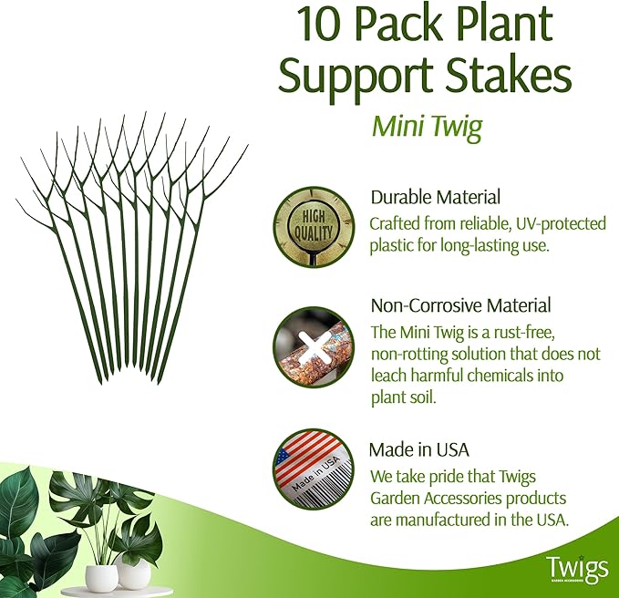 Twigs - Monstera Plant Support Stakes for Indoor & Outdoor Plants, Gardening Supplies, Garden Accessories, Trellis, Moss Pole, & Ring Alternative - Monstera (Dark Green), 10 Pack, 12" L, Mini Twigs