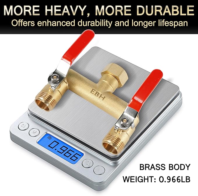 EBH Garden Hose Splitter, 2-Way High Flow Heavy Duty Brass Outdoor Hose Manifold with Extra Long Handles Full Flow Faucet Adapter- 3/4” GHT(Red)