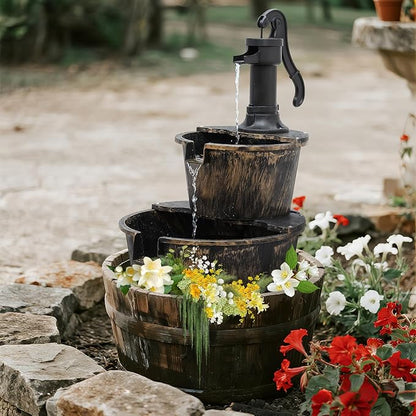 Magshion Barrel and Pump Water Fountain, Freestanding Outdoor Waterfall Fountain with Electric Recirculating Pump, 2-Tier Water Feature Decor for Garden, Patio, Backyard, or Porch, Bronze
