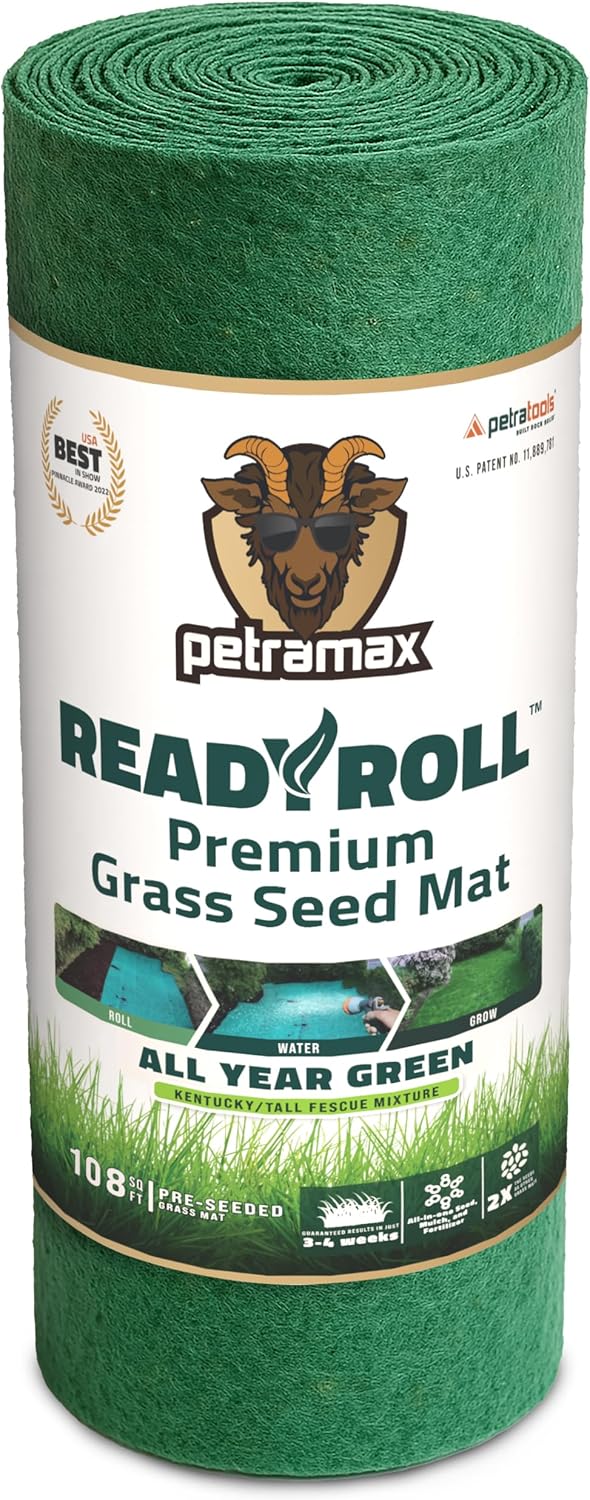 Petramax ReadyRoll Biodegradable Grass Seed Mat for Lawn (108 ft.) - All Year Green 3-in-1 Tall Fescue & Kentucky Grass Seed Rolls w/Mulch & Fertilizer - Lawn Repair Patch - Just Roll, Water, Grow