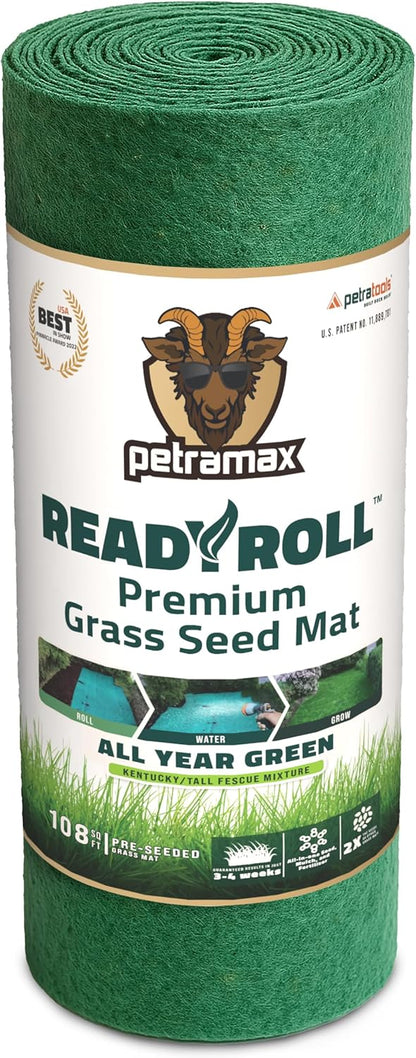 Petramax ReadyRoll Biodegradable Grass Seed Mat for Lawn (108 ft.) - All Year Green 3-in-1 Tall Fescue & Kentucky Grass Seed Rolls w/Mulch & Fertilizer - Lawn Repair Patch - Just Roll, Water, Grow