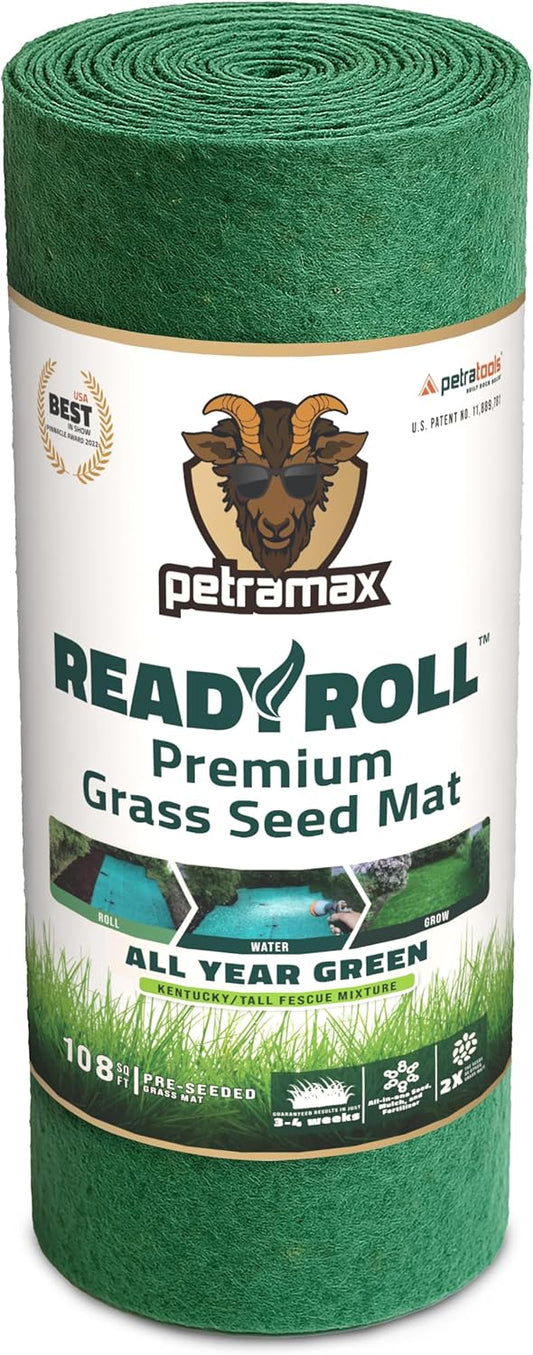 Petramax ReadyRoll Biodegradable Grass Seed Mat for Lawn (108 ft.) - All Year Green 3-in-1 Tall Fescue & Kentucky Grass Seed Rolls w/Mulch & Fertilizer - Lawn Repair Patch - Just Roll, Water, Grow
