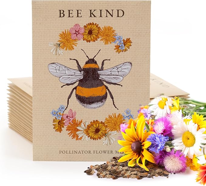 Bentley Seed Co. | Bee Kind Pollinator | Beautiful Bee Art | Environmental Favors Cards for Guests Seed Packets | Pollinator Wildflower Mix Seed Packets | Eco-Friendly Hand Out Gift | 25 Pack