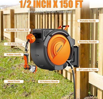 1/2" x 150 ft Retractable Hose Reel, Heavy Duty Retractable Garden Hose Reel Wall Mounted with 10-Pattern Hose Nozzle/Any Length Lock/Slow Return System/180°Swivel Bracket,Orange