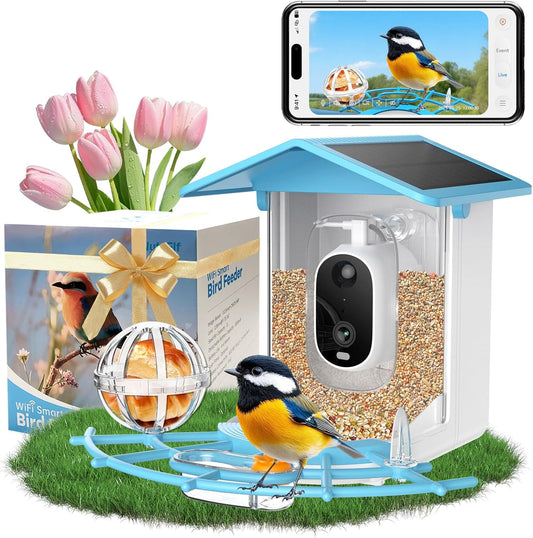 Smart Bird Feeder with Camera Solar Panel, Battery Powered 3MP HD Video Monitoring AI Recognition of 10,000+ Species Color Night Vision,Outdoor Waterproof,for Bird Watching