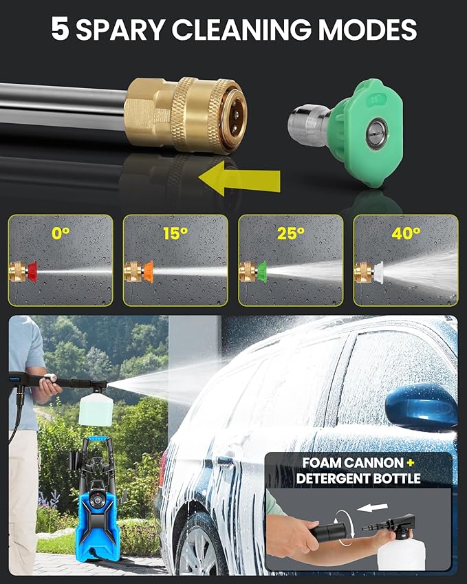 Pressure Cleaner 5000 PSI 3.0 GPM Adjustable Pressure, High Power Cleaner with 33ft Pressure Hose, 4 Nozzles and 500ml Foam Cannon for Cars/Fences/Driveways/Patios/Home Cleaning (Blue)