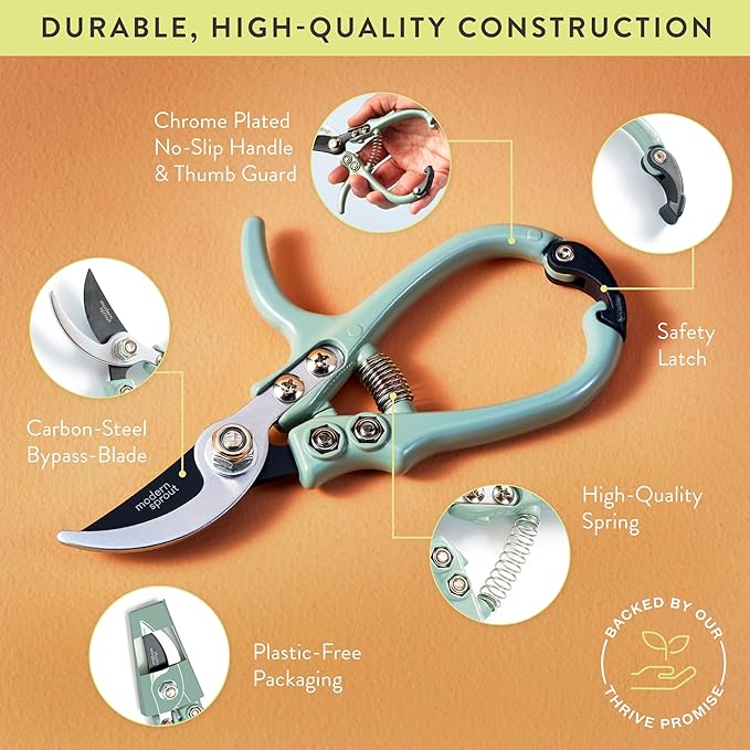 Modern Sprout Hand Pruners - Lightweight Pruning Shears W/Easy Lock- Gardening Scissors - Bypass Sharp Carbon Steel Blade - Rust Resistant - Garden Tools - Reusable Holster - Ocean