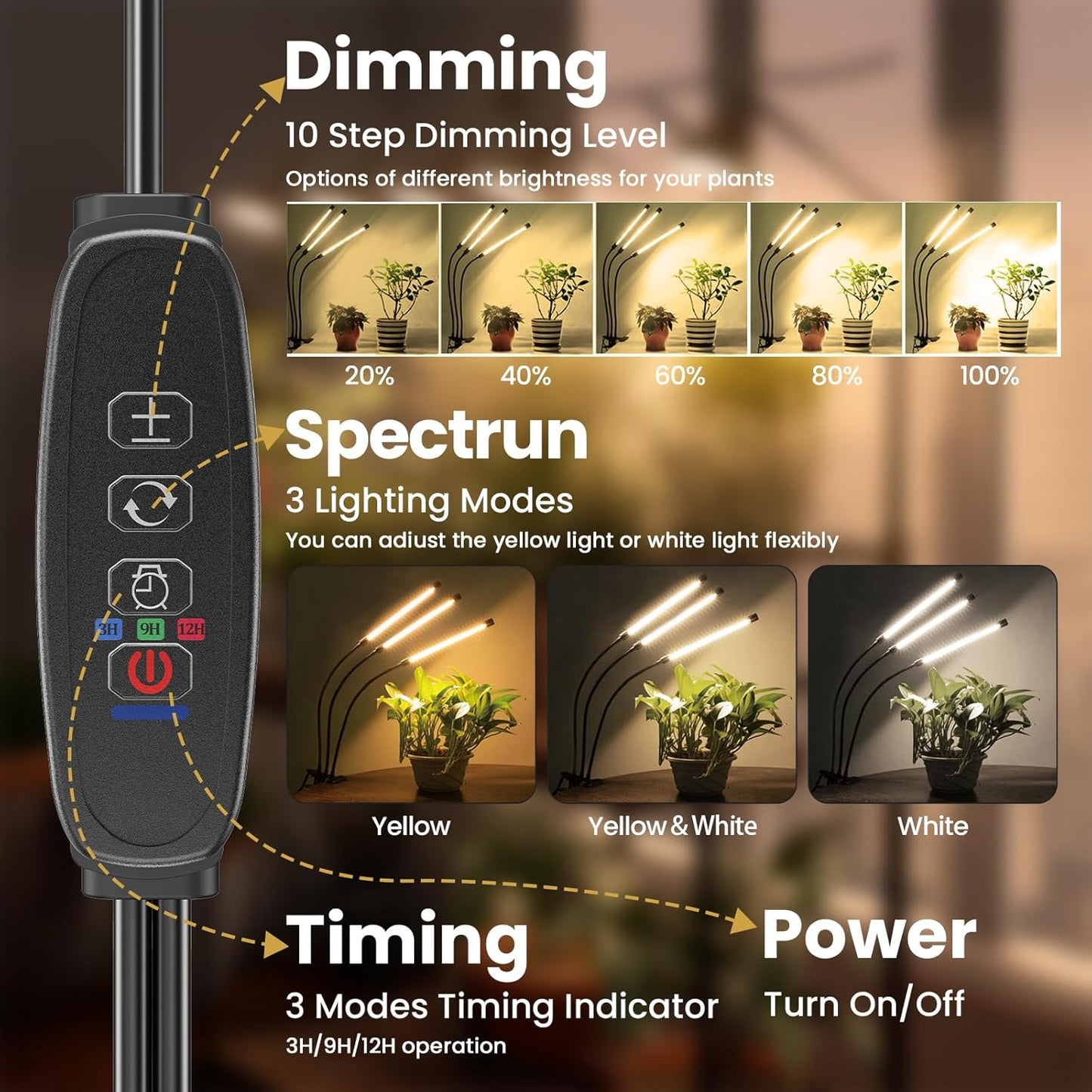 bseah Grow Light for Indoor Plants, Full Spectrum Plant Grow Lamp with 3/9/12H Timer, ON & Off, Clip-On Desk for Seed Starting 2 Pack