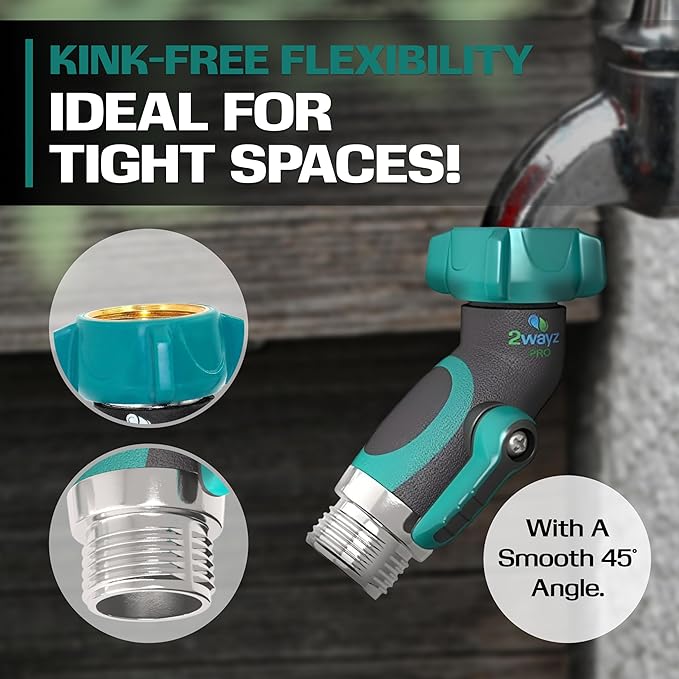 2WAYZ 45 Metal Hose Elbow, Heavy Duty Hose Adapter and Angle Connector with Water Shut Off Valve