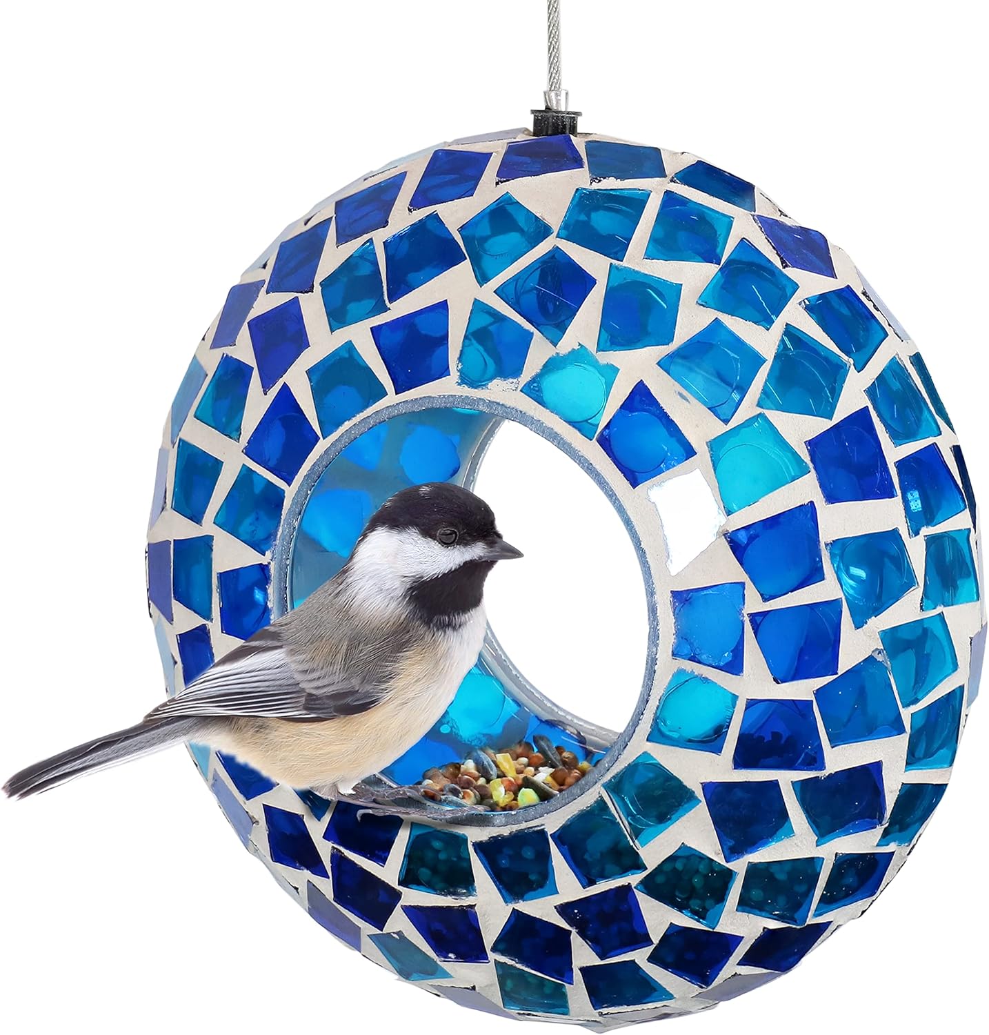 Sunnydaze 6-Inch Glass Mosaic Hanging Bird Feeder for Outdoors - Fly-Through Wild Bird Feeder - Blue Mosaic