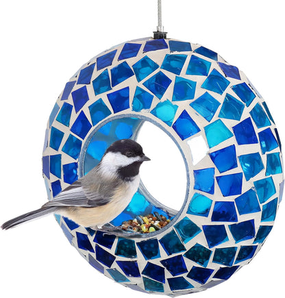 Sunnydaze 6-Inch Glass Mosaic Hanging Bird Feeder for Outdoors - Fly-Through Wild Bird Feeder - Blue Mosaic