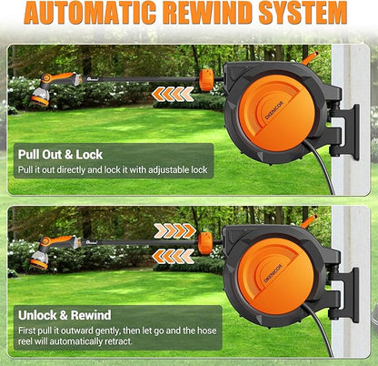 5/8" × 110 ft Retractable Hose Reel, Heavy Duty Retractable Garden Hose Reel Wall Mounted with 10-Pattern Hose Nozzle/Any Length Lock/Slow Return System/180°Swivel Bracket, Orange