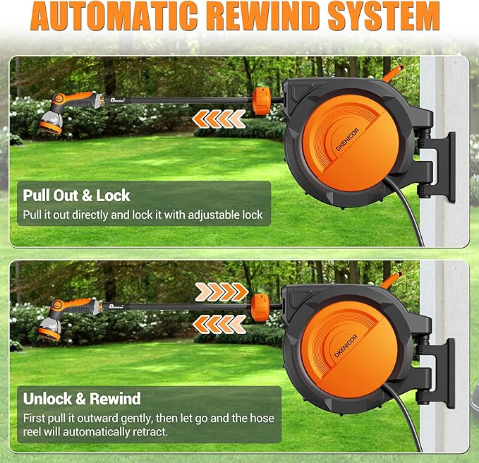 1/2" x 150 ft Retractable Hose Reel, Heavy Duty Retractable Garden Hose Reel Wall Mounted with 10-Pattern Hose Nozzle/Any Length Lock/Slow Return System/180°Swivel Bracket,Orange