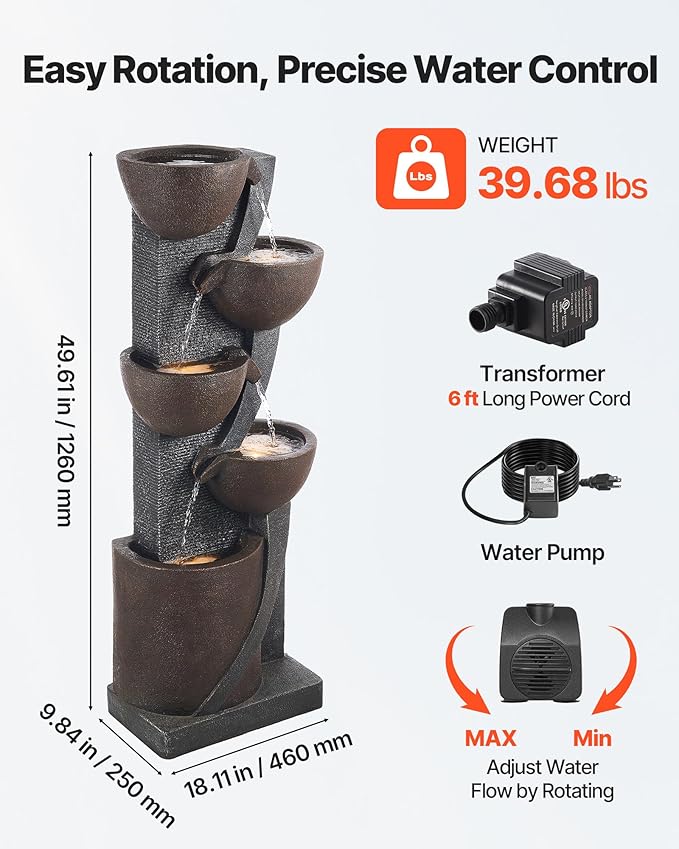 VEVOR Outdoor Water Fountain, 49.61 in Height Fountain and Waterfall, 5-Tier Floor Standing Jar-Shaped Cascading Fountains with LED Light and Pump, for Outdoor Indoor Garden, Home, Patio & Backyard