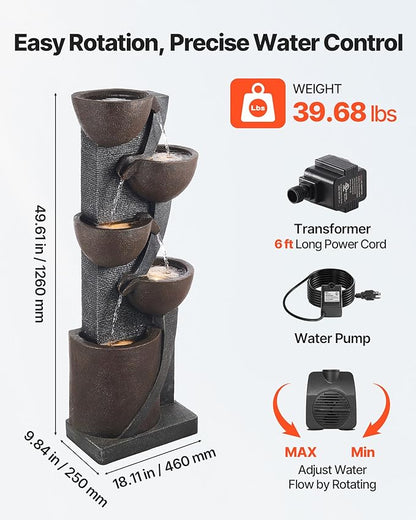 VEVOR Outdoor Water Fountain, 49.61 in Height Fountain and Waterfall, 5-Tier Floor Standing Jar-Shaped Cascading Fountains with LED Light and Pump, for Outdoor Indoor Garden, Home, Patio & Backyard