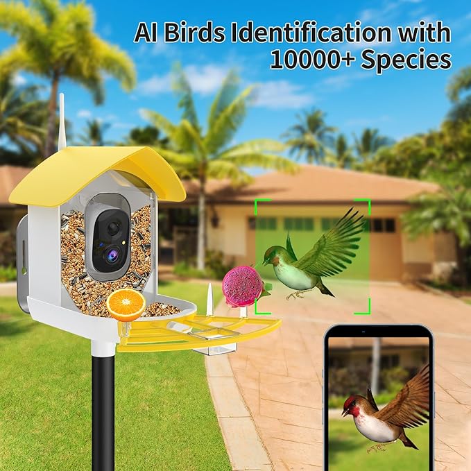 Smart Bird Feeder with Camera, AI Identify Birds Breed, Solar-Powered WiFi FHD 2K Live Camera, Auto Capture Backyard Garden Bird Watching, Motion Detection, Cloud and SD Card Storage,Yellow