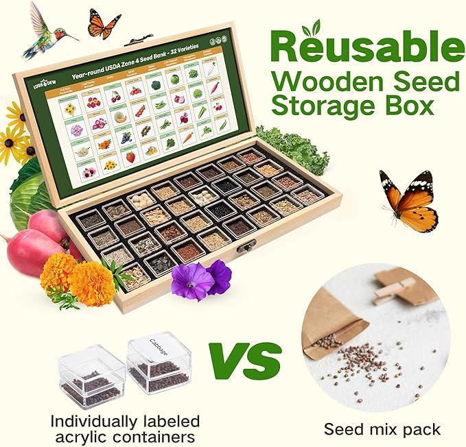 Lush&Dew Year-Round USDA Zone 4 Seed Bank, 32 Varieties Non-GMO Heirloom Seeds of Vegetables, Herbs, Gardening Gifts for Women Men, Emergency Survival Kit for Raised Garden Bed, Greenhouse