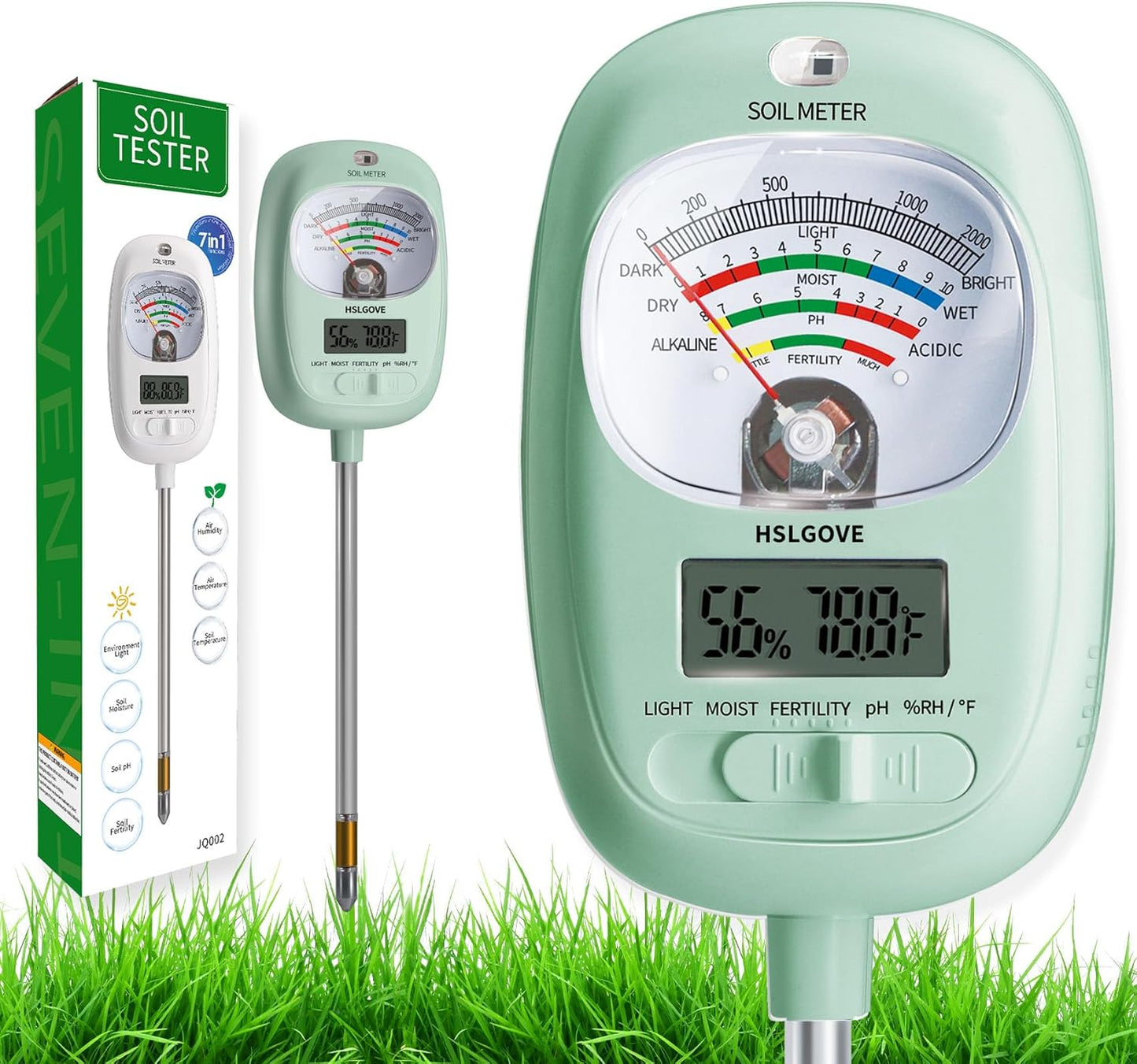 HSLGOVE Soil Test Kit, 7-in-One Soil Moisture Meter/Soil PH Meter/Fertility, Dual Screen Soil Tester w/Digital Soil Temp/Air Temp&Humidity for Plants Gardening,Lawn,Farm Indoor&Outdoor-LeafGreen