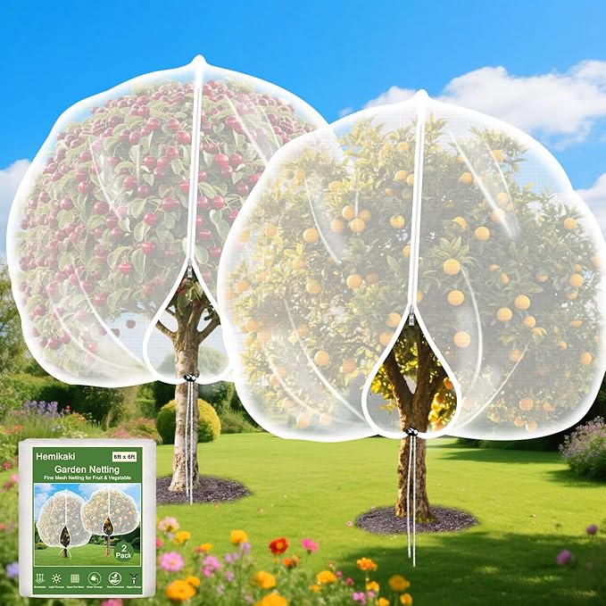 2-Pack 6 x 6ft Garden Netting with Zipper & Drawstring, Reusable Fine Mesh Cover for Plants, Fruit Trees, Vegetable Protection from Birds, Squirrels, Deer