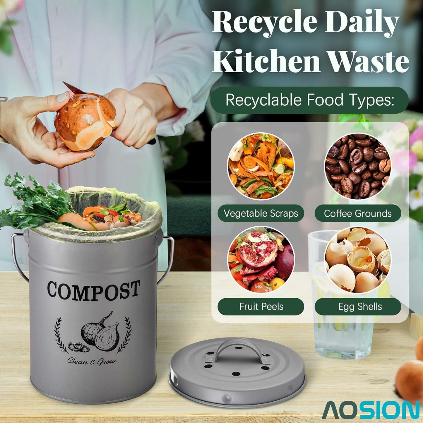 AOSION Countertop Compost Bin Kitchen,Odor Resistant Indoor Compost Bin with Lid and Compost Bags,Compost Bucket Composter Container for Food Waste,Grey