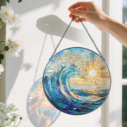 Sea Wave Stained Glass Suncatcher, 8 Inch Ocean Suncatchers for Window Hanging, Beach Lover Gifts, Beach Decor, Coastal Suncatcher, Gifts for Friends, Couples, Family, Colleagues
