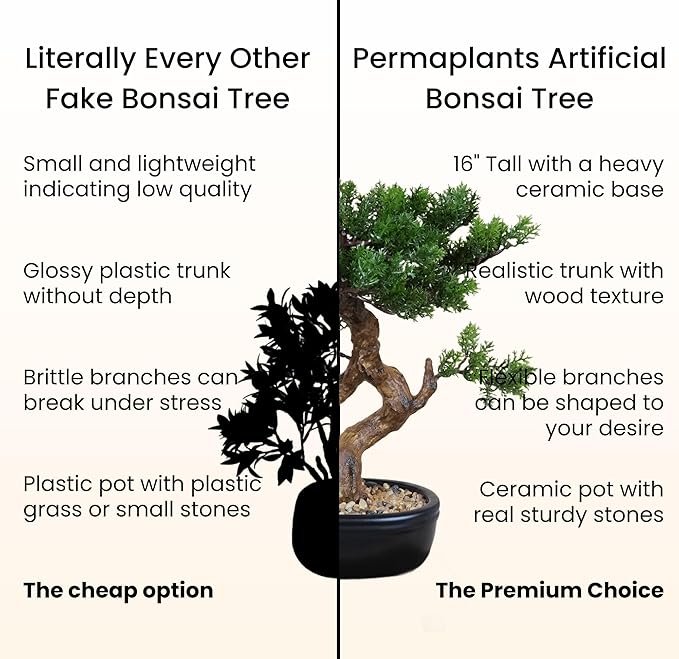 Artificial Bonsai Tree 16" Tall with Realistic Wood and Ceramic Pot Fake Plants Cypress Juniper Pine Zen Faux Plants for Home Bedroom Office Bathroom Japanese Decor