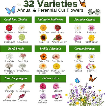 LUSH&DEW Cut Flower Seed Bank, Gift for Women Men, 32 Types Non-GMO Annual & Perennial Wildflower Seeds for Planting in Raised Garden Bed Greenhouse, Seed Storage Organizer, Zinnia Sunflower Zone 3-10