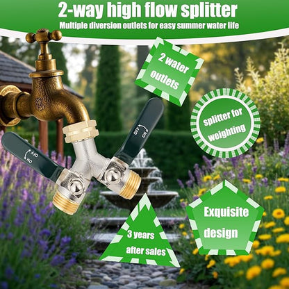 EJW Hose Splitter 2 Way, Garden Hose Y-Valve Splitters, Full Flow Hose Splitter Connector, Heavy Duty Brass Garden Hose Splitters, 3/4 Inch GHT Thread,Garden Hose Adapter 2 Way.