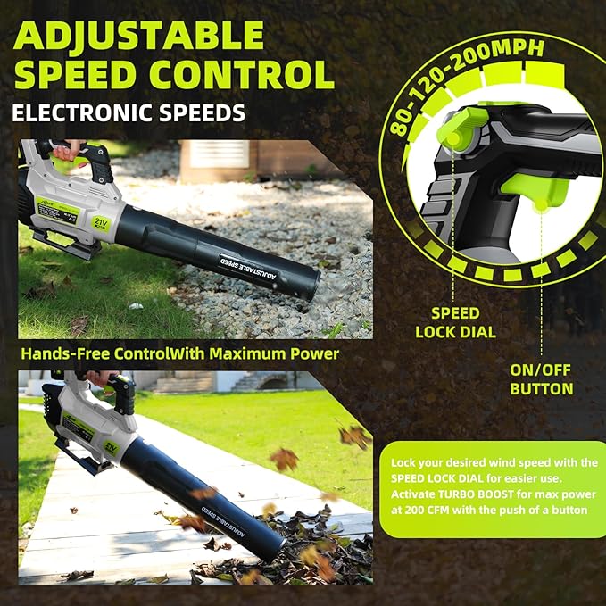 Leaf Blower Cordless, 21V Electric Leaf Blowers with 2X 4.0Ah Battery, Lightweight Snow Blower with Turbo Button, Variable Speed Dial, and Cruise Control for Sidewalks, Garages, Yards & Patios