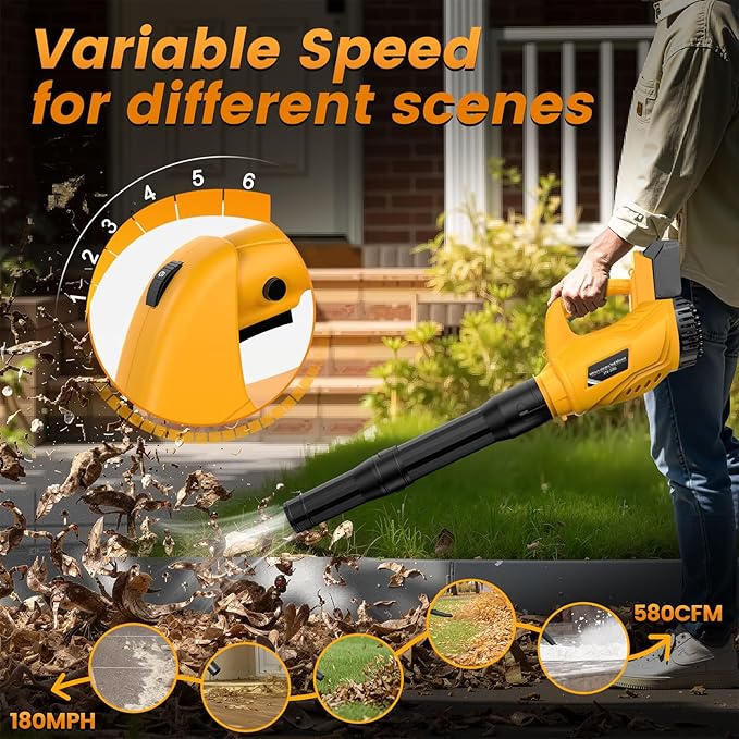 Cordless Leaf Blower (Battery Not Included) Compatible with DeWALT 20V Max Battery, Max 600 CFM/125 MPH Brushless Motor, 6 Variable-Speed, Ergonomic Battery Powered Blowers for Lawn Care, Yard