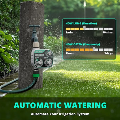 QUOBAS 3-Dial Analog Water Timer, Mechnical Control Automatic Sprinkler Timer with Manual and Rain Delay, for Garden Hose Watering, Drip Irrigation