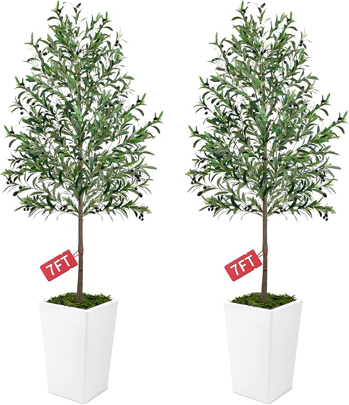 Olive Trees Artificial Indoor 7ft, 2 PCS Tall Faux Silk Plant with Pot, Realistic Leaves and Natural Wood Trunk Fake Trees with Lifelike Fruits for Home Office Decor Bedroom Livingroom Entryway