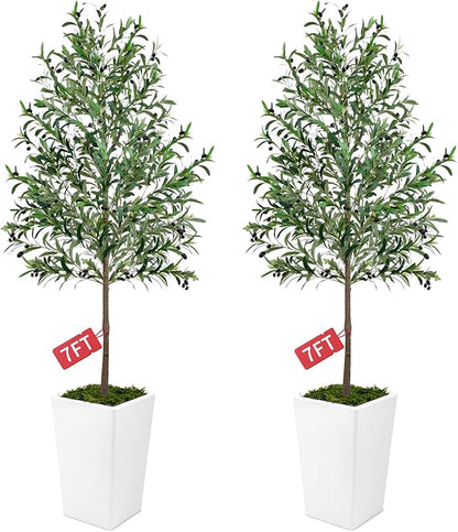 Olive Trees Artificial Indoor 7ft, 2 PCS Tall Faux Silk Plant with Pot, Realistic Leaves and Natural Wood Trunk Fake Trees with Lifelike Fruits for Home Office Decor Bedroom Livingroom Entryway