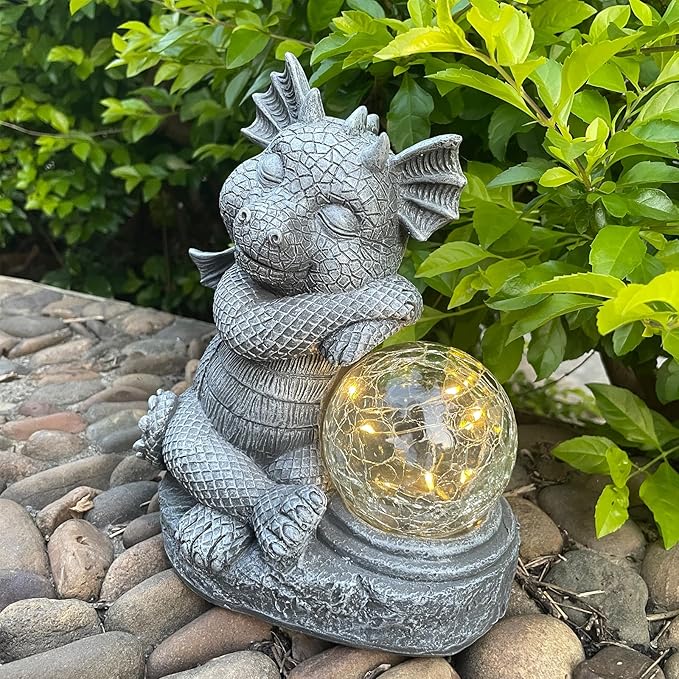 Garden Dragon Figurine Solar Powered Outdoor Cute Dragon with Hold Glowing Glass Ball Resin Sculpture for Porch Patio Lawn Farm Yard Home Decoration Gift for Women Housewarming