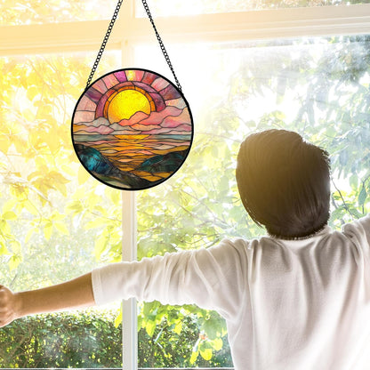 Stained Glass Window Hanging, Sunrise Over The Sea Suncatcher Diamond Glass Panel Hangings Abstract Sun Catchers Decor for Birthday for Women, Men, Wife, Aunt, and Mom 6.3 in